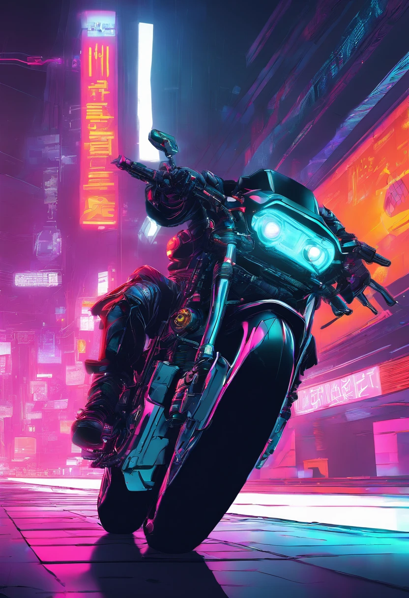 Cyberpunk-style motorcycle, colored in black and neon, featuring intricate and complex mechanical structures with glowing parts. simple background, Photographed by Juergen Teller. Camera model: Sony A9 II. Camera parameters: shutter speed 1/200, aperture f4.5, ISO 800. Lighting style: street light. Fancy words: powerful, sleek, futuristic