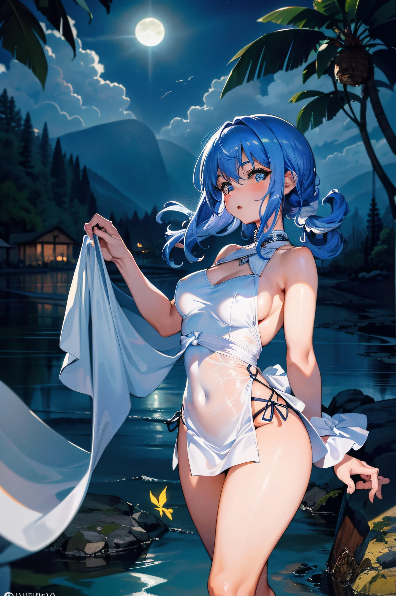 ( Qualidade 8k ), ( Melhor qualidade ), ( Ultra HD ), ( Anatomia do personagem perfeita ), ( perfect lighting ), ( Foto corpo inteiro 8k ), ( Detalhamentos perfeitos ), ( Detalhes do personagem perfeitos ), ( Details of the perfect setting ), ( Obra Prima ), ( Simetria do rosto do personagem perfeito ), ( Construction of the body of the delicate woman character ), Uma linda bruxa, cabelos lisos azuis, olhos rosas, com corpo perfeito, rosto perfeito, torso, pernas, Arms, usando um lindo vestido preto longo e formal reluzente, com capuz, com um manto sobre seu vestido, (( Manto intrincado )), (( Mantle fluttering in the wind )), raising one hand to the moonlight evoking rays of the Blue Full Moon, (( Evocar Raios )), (( cinematographic effect )), beautiful countryside setting with forest background at night of Blue Full Moon