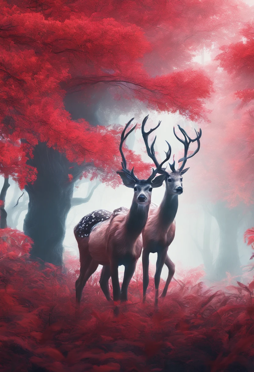 two deer with covering their fur, in the style of gothic horror, white and crimson, cryengine, tenebrism-inspired, planar art, exaggerated anatomy, contest winner