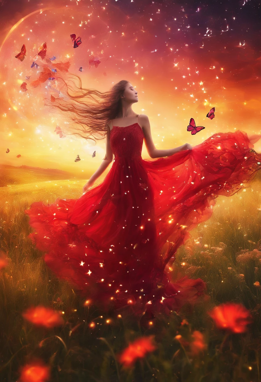 this girl in the red wery long dress is dansing in a field with glowing flowers, stars, butterflies, grass realism, beautiful lighting, magic, fantasy of silver time, photography - - q 2