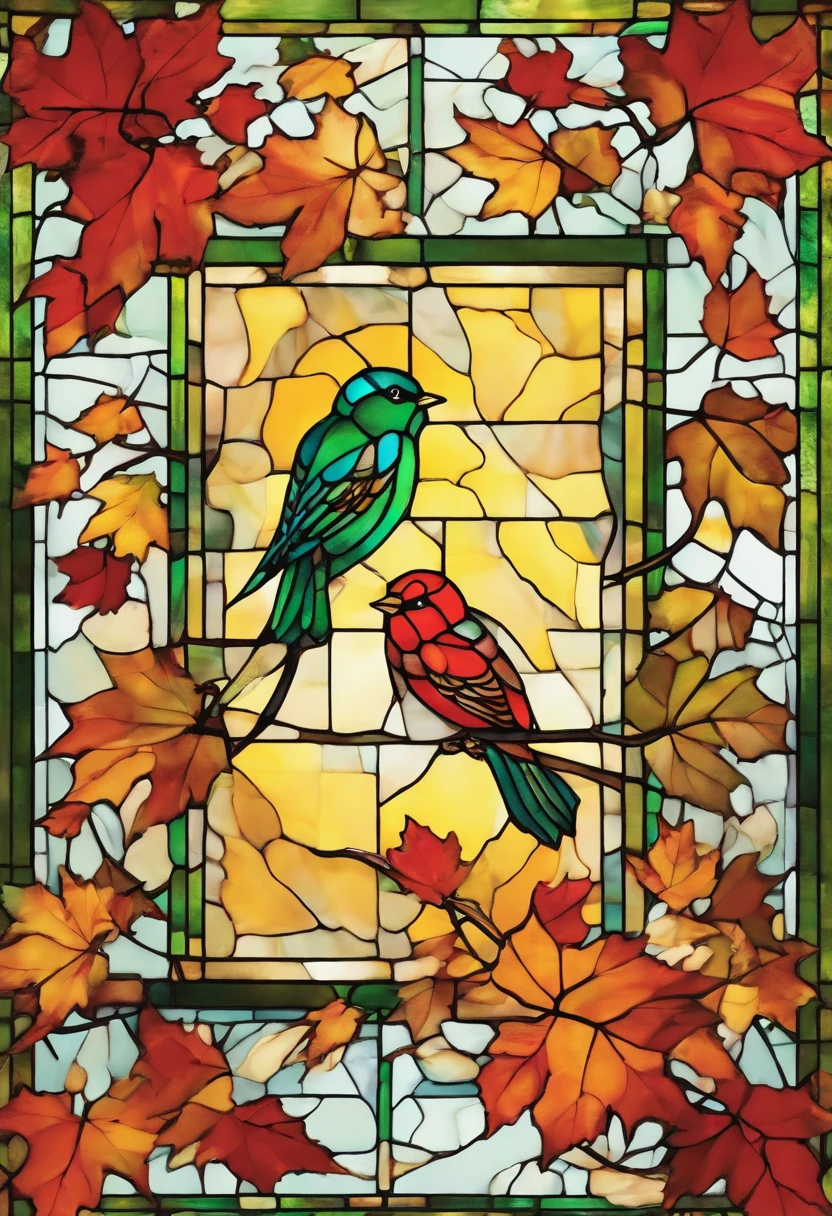Two super cute green-eyed birds spread their wings and fly among the autumn maple leaves, Maple red, Flying birds, Beautiful scenery, Autumn, Red maples fly, Bird long shot tracking photography