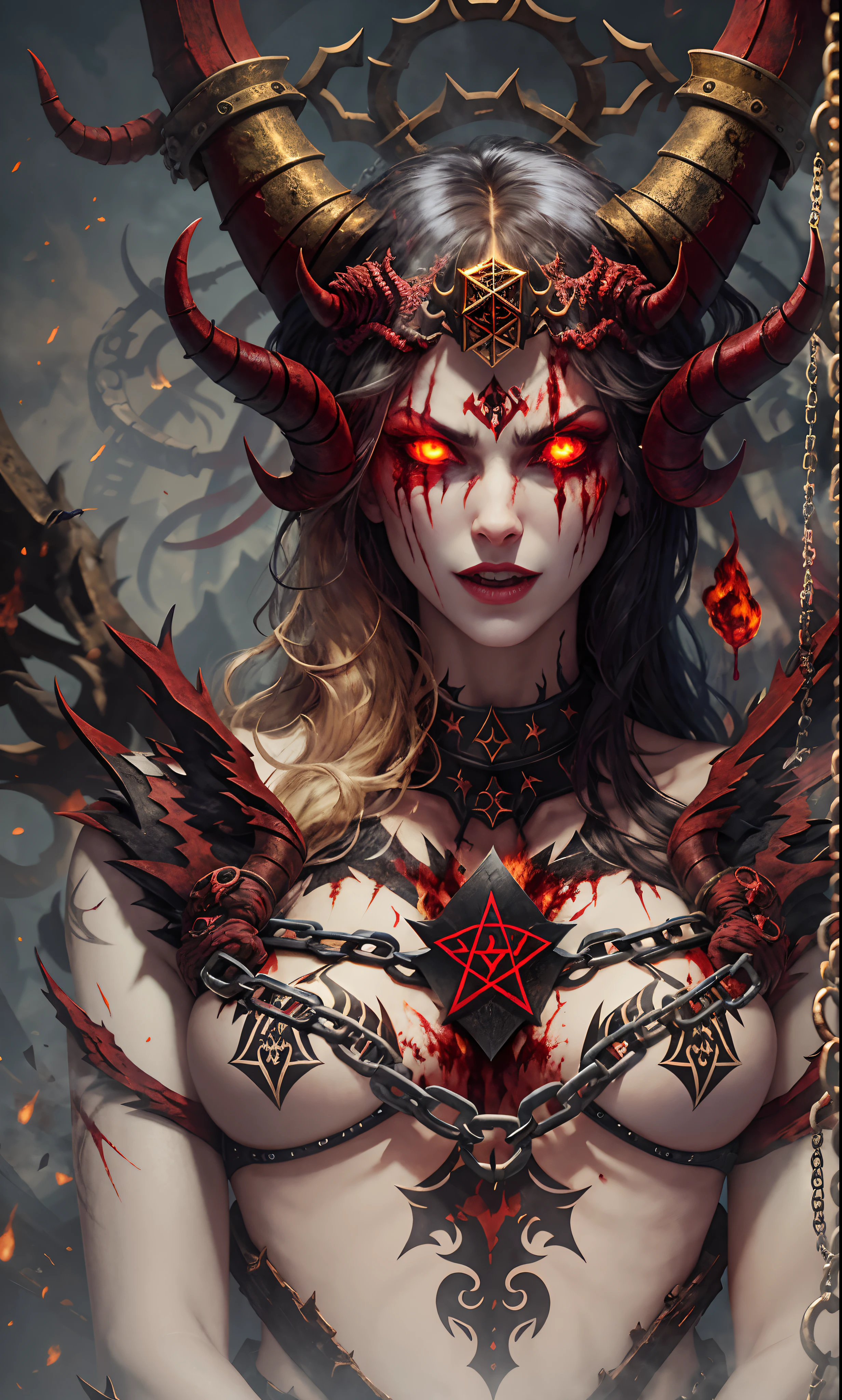 Movie CG, Tiflin, devils,disheed hair,Shogun,Peerless beauty,s girl,(Lord of Hell),Demon King,Pitch-black wings,Fallen angels,Tattooed with,the scars,Blood-red heavy armor,blood splattere,It has gold etching on it, (paleskin), blood spatter, horns on head,succubi, Cruel laughter,(Burning red eyes), , Red-blooded pentagram, Glowing Grimmore closes, summoning circle, Rusty chains, The illuminated temple of Satan, Lens flare, Axis, intricately details, Highly detailed, voluminetric lighting, 4K rendering, stockphoto, Ultra photo realsisim, Lifelike texture, Dramatic lighting, illusory engine