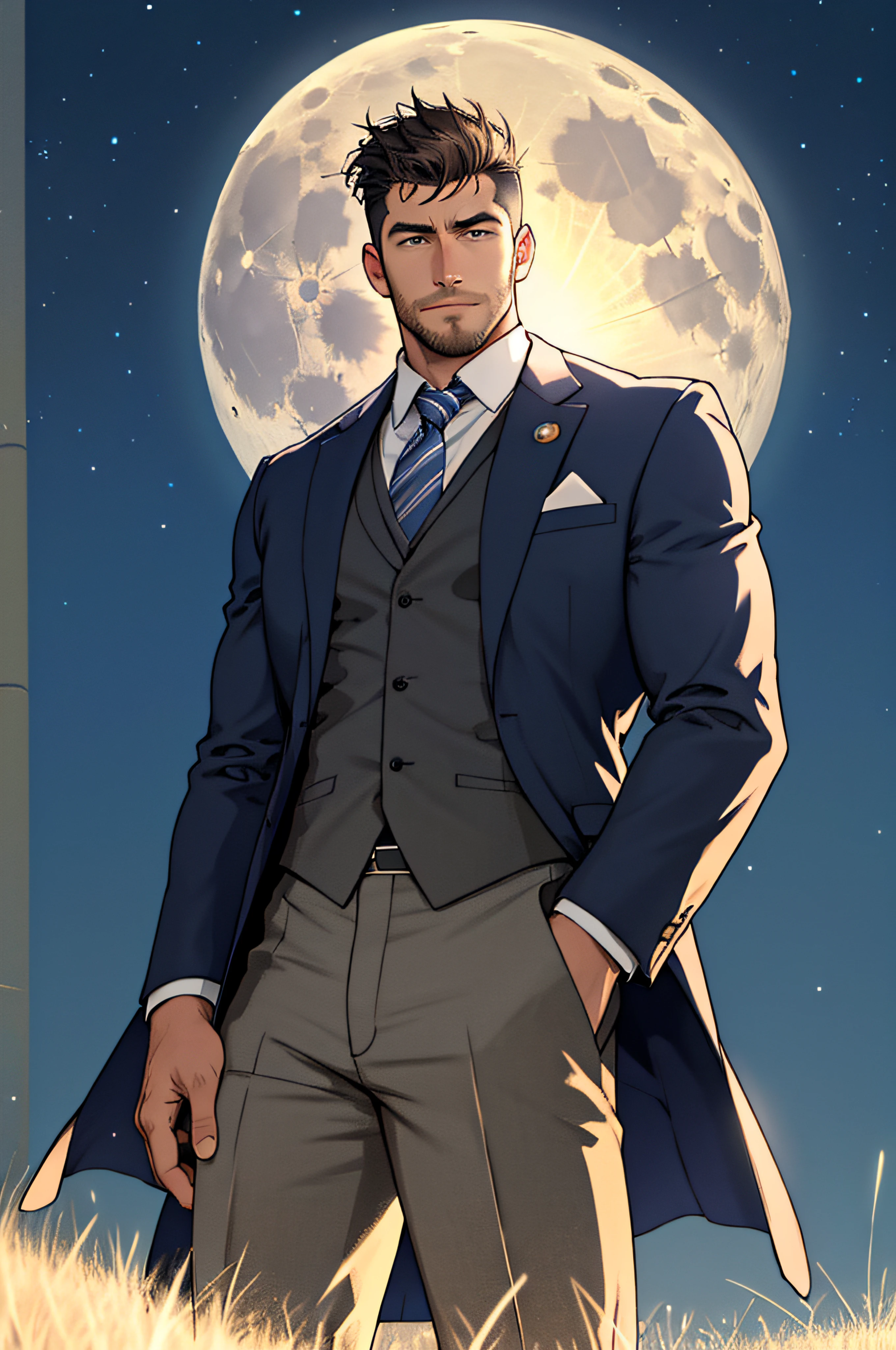 Draw a full-fledged footballer,Standing on the steppe at night,Quiet and comfortable background,He wears the same suit as the country's president,The suit fits perfectly,Handsome face,eyes with brightness,The man looks confident and determined,looking-down,Crew cut,full bodyesbian,Stars dot the sky,shooting from below,Big moon highlights background