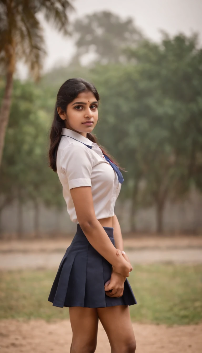 portrait of an Indian school girl in a mini skirt school uniform, big round boobies,