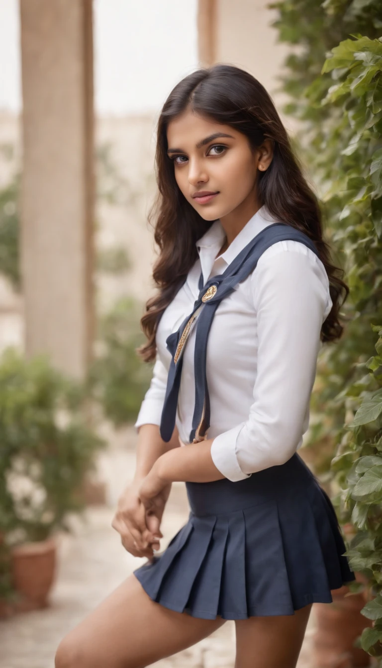 portrait of an Indian school girl in a mini skirt school uniform, big round boobies,