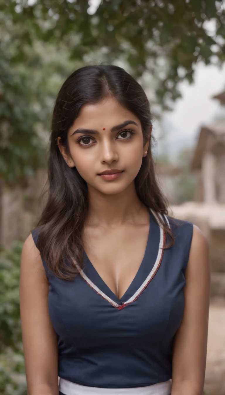 portrait of an Indian school girl in a mini skirt school uniform, big round boobies,