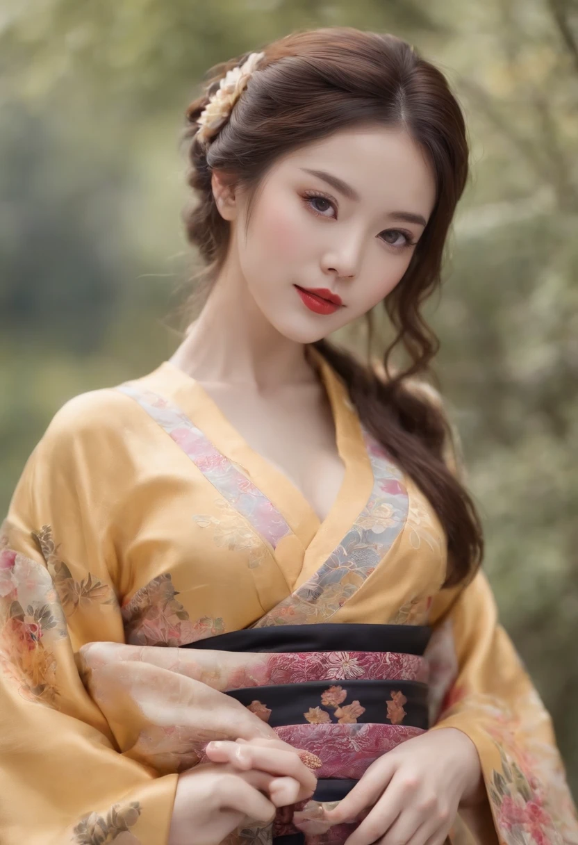 Super Resolution 8K、Mulheres Bonitas、Uma senhora、Cabelos castanhos escuros:1.1、com rosto detalhado、Detailed lips、significativo、(The eyes are in focus)、Double eyelidm、Olhos da Princesa、 beautiful woman Japanease、Senhora japonesa bonita、 sensual lip、bewitching body、Busto 82、8 classe grande、Equilibre e avance、na casa dos 20 anos、perspectiva、lovely smile, Japanese kimono detailed in black, vermelho, amarelo, Purple、Ultra-realistic and detailed floral patterns and bright knots、Sharp Images、Brilho delicado dos olhos、Detailed history of Arashiyama Park in Kyoto、Wear sandals with beautiful Japanese motifs、Natural hand shape、Full-body figure standing、