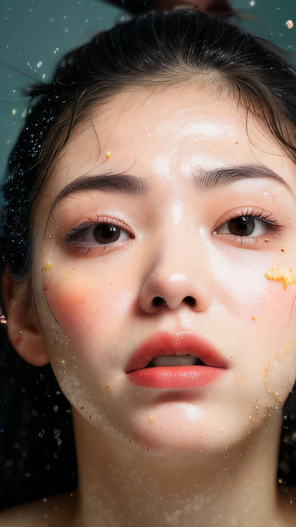 ((top Quority,8k,tmasterpiece:1.3)),woman(Lean hot spring),perspired,Water droplets on the forehead of the face,exteriors,background urban cityscape,Overhead,Sharp focus:1.2,cute women:1.4,((Layered Hair Style)),(white shirt),Very detailed face and skin and hair texture,Knotted brunette hair,Wet textured hair,Moist body,Detailed eyes, Gold wire sunglasses,White skin of the,Beautiful legs, beautiful delicate nose,Cute young Japanese woman,28 year old,dynamic angle,Deleite para la vista,Compositional suggestiveness,while emphasizing the subject's hair,The eye,Mouth and movements,At the same time, it exudes a melancholic mood characterized by calming tones and a mixture of contrasts of light and shadow。