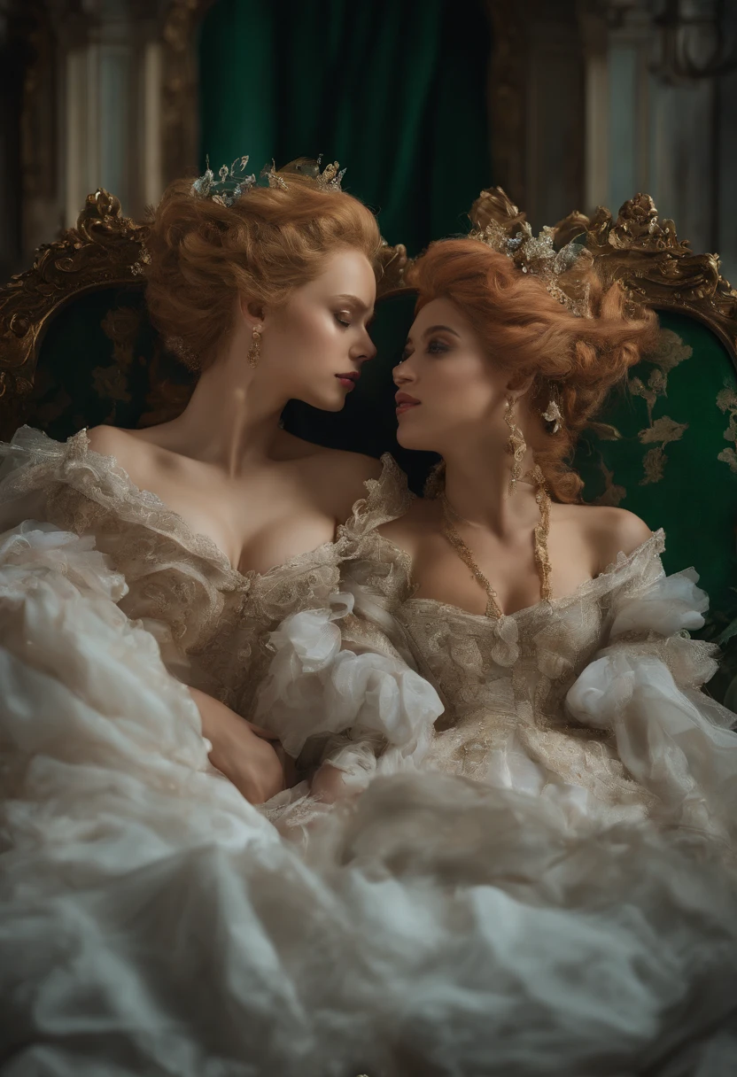 Two women, 18th century looks like Beyonce in a green ball gown with blond hair, blond hair kissing beautiful woman looks like Jessica alba red hair in white gown, 18th - century bedroom, canopy bed, dark mystical fantasy, rococo era, perfect fingers, nice hands, perfect hands, stunning realistic photograph, intricately detailed, cinematic, trending on artstation, hyperrealistic, awesome full color, dark, 12k, high definition, cinematic, Behance contest winner, portrait featured on Unsplash, stylized digital art, smooth, ultra high definition, 8k, unreal