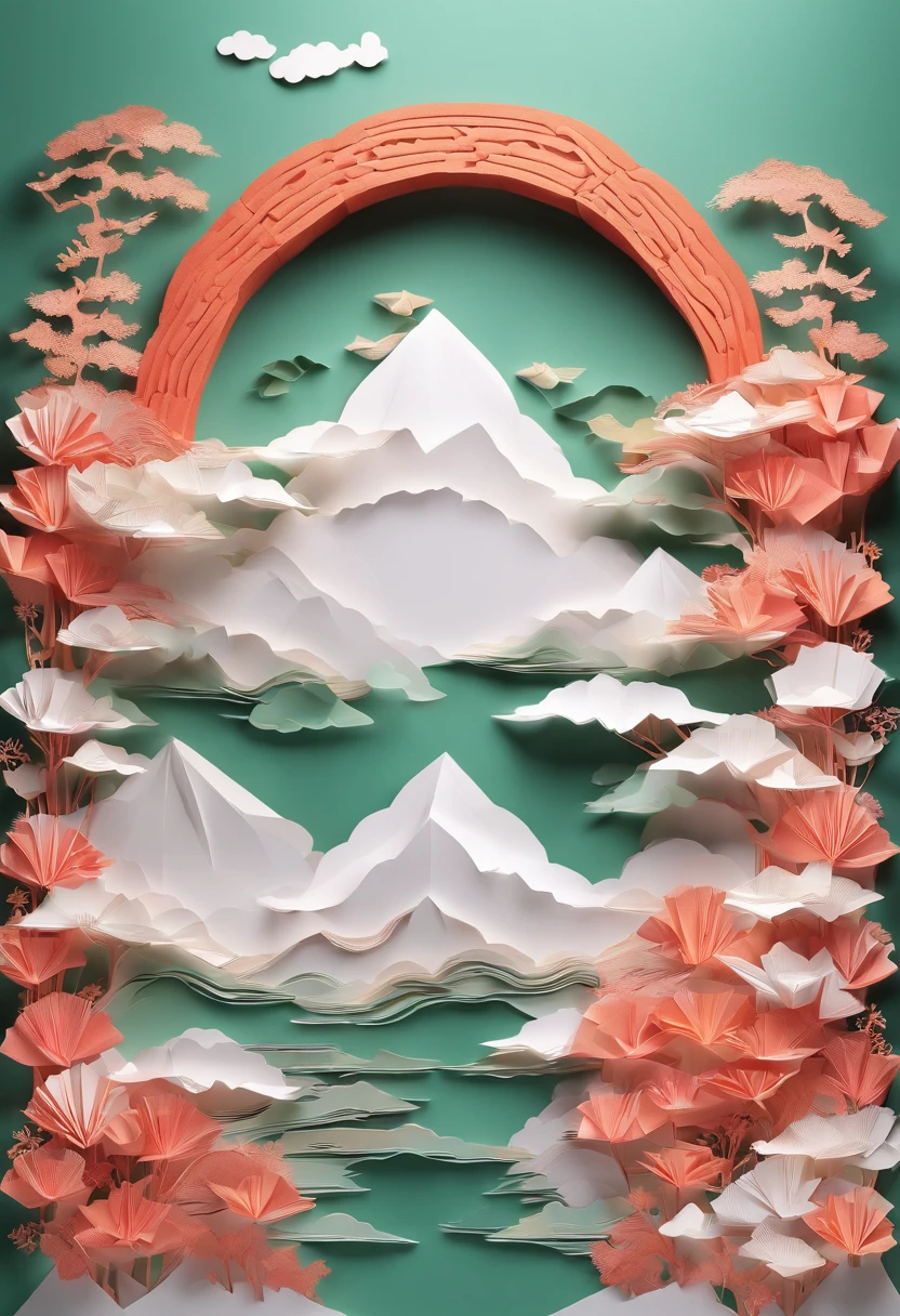 Multi-dimensional paper kirigami craft, paper illustration, Chinese traditional painting, jade, landscape, auspicious clouds, Chinese style, Watercolor painting, warm color, light background, best quality, exquisite details, 3d rendering, Octane render, pastel, Soft light