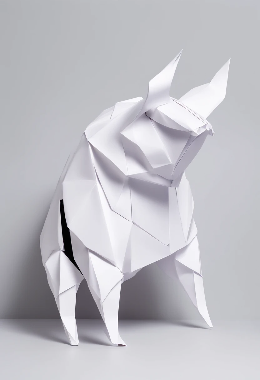 A piece of white paper folded out of the pig, pure white background, minimalist, side view, abstract，Origami， 8k