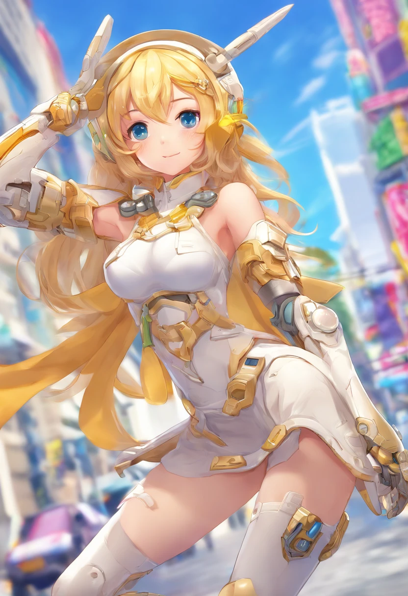 snfw, nude,on bed,nipple,spread vagina, best quality, ultra detailed 8k cg render, masterpiece, high resolution, extremely detailed,sex,
1 girl, solo, , blond hair, wavy long hair, blue eyes, full body, fighting pose, flying, (small breasts:1.2), big smile,
bare shoulder, glow white, mecha musume, mechanical leg, headgear, yellow armor, in SFcity