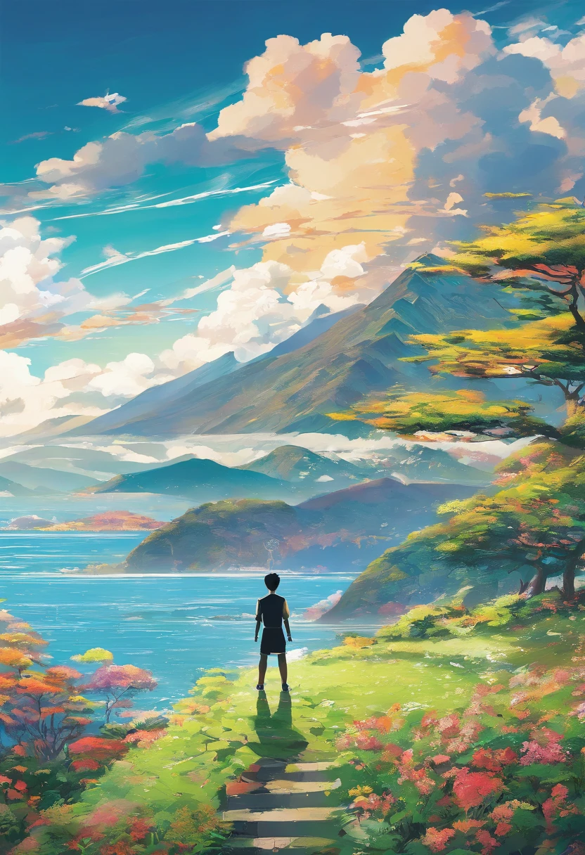 a man is standing in a grassy area along the ocean, in the style of marko manev, josef kote, scarlett hooft graafland, national geographic photo, grandeur of scale, mountainous vistas, candid shots of famous figures Best quality, masterpiece, ultra high resolution original photo 8K Realistic Photography Nikon Camera D850