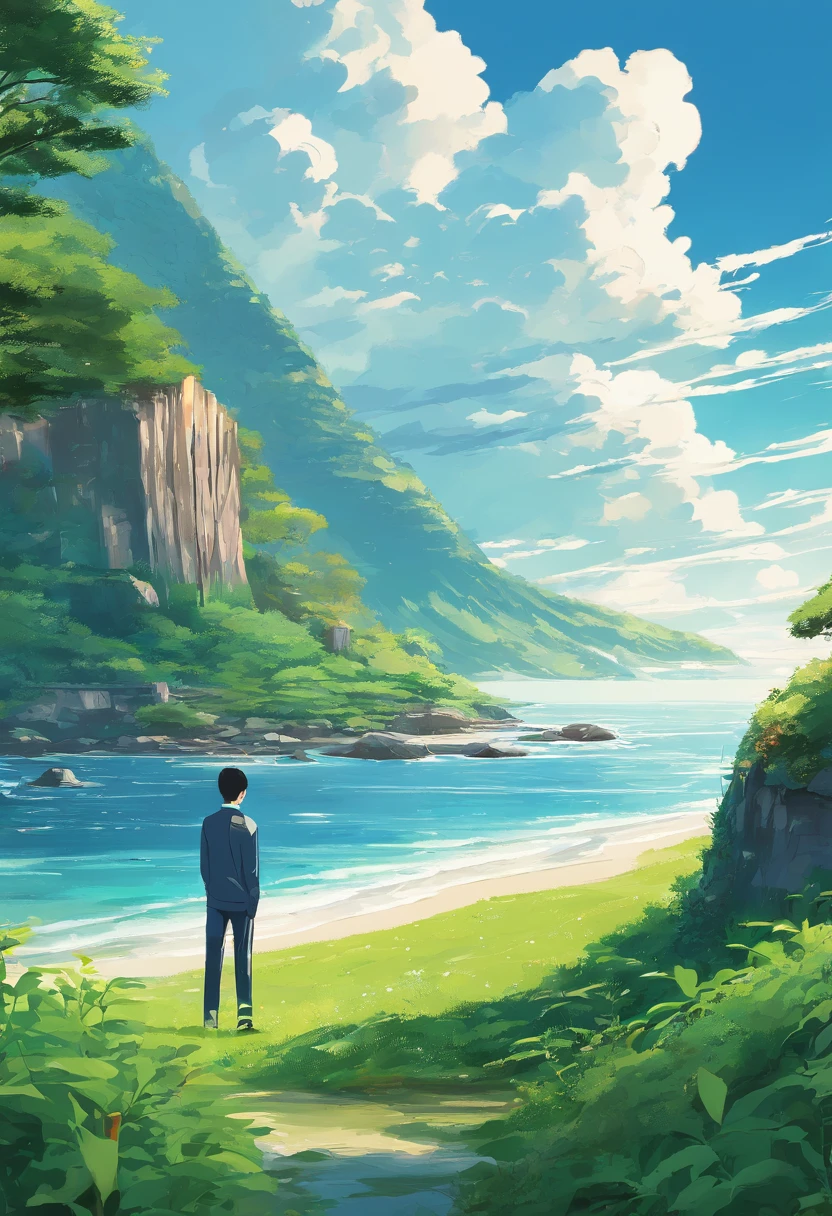 a man is standing in a grassy area along the ocean, in the style of marko manev, josef kote, scarlett hooft graafland, national geographic photo, grandeur of scale, mountainous vistas, candid shots of famous figures Best quality, masterpiece, ultra high resolution original photo 8K Realistic Photography Nikon Camera D850