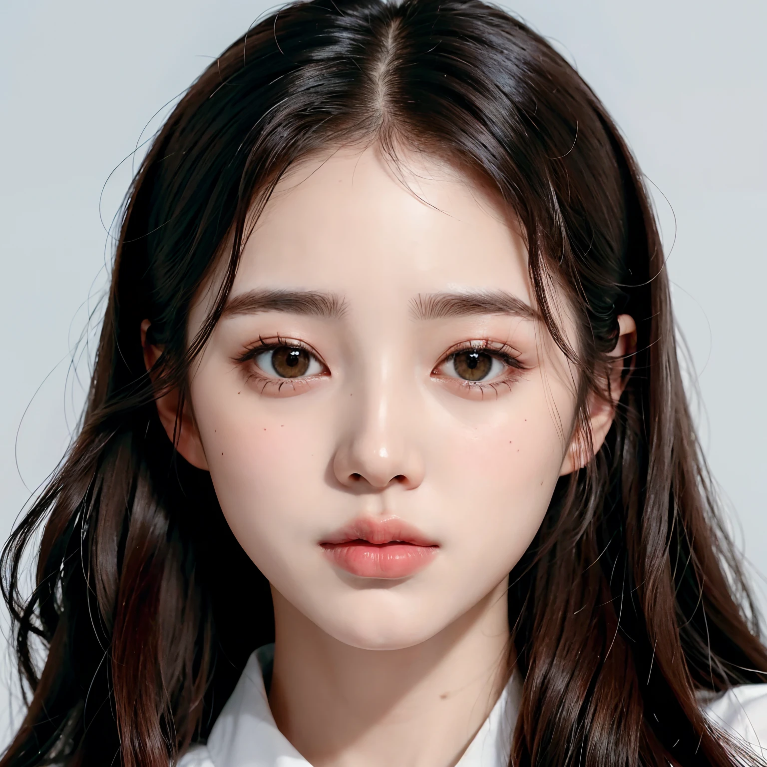 a close up of a woman with long hair and a white shirt, young adorable korean face, wan adorable korean face, korean face features, beautiful aesthetic face, Popular Korean makeup, popular south Korean makeup, korean symmetrical face, Korean Girl, Pale round face, Beautiful round face, jaeyeon nam, beautiful south korean woman, cute natural anime face, beautiful delicate face