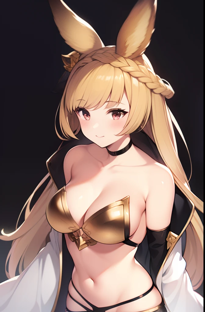 1girl, animal_ears, black_gloves, blonde_hair, braid, choker, collarbone, commentary_request, covered_navel, cropped_legs, detached_sleeves, erune, gloves, granblue_fantasy, long_hair, looking_at_viewer, red_eyes, robo8, simple_background, solo, thighhighs, yellow_background, yuisis_(granblue_fantasy)