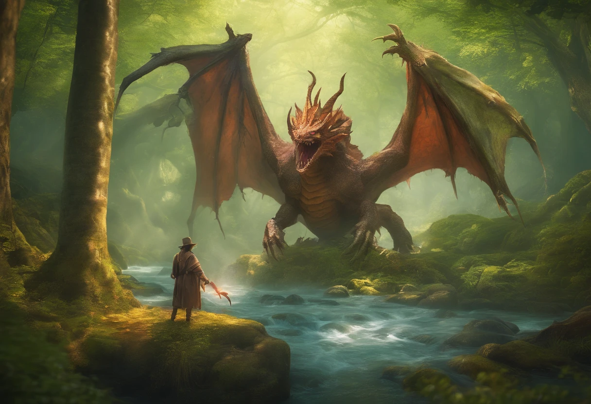 ancient druids summoning a giant spider dragon in a massive forest river, epic fantasy, magical, realistic, photo realistic, 3d render