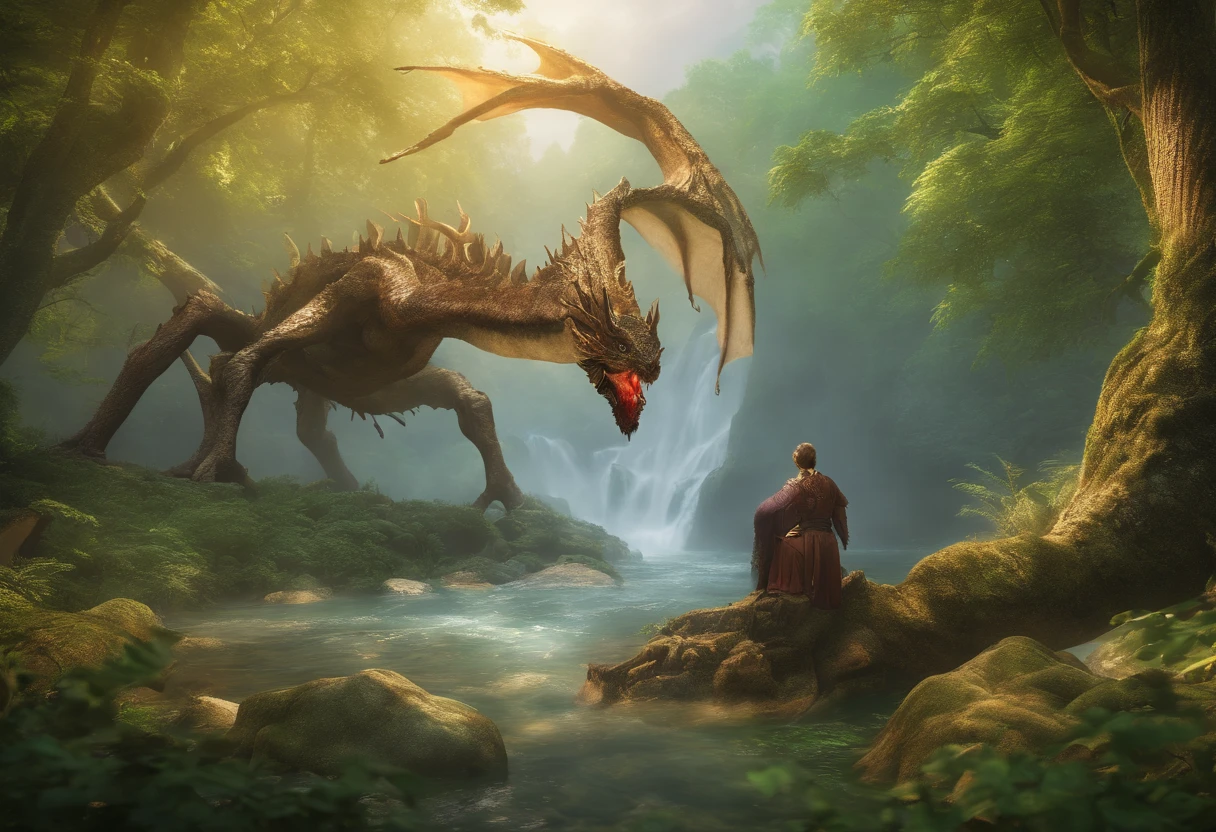 ancient druids summoning a giant spider dragon in a massive forest river, epic fantasy, magical, realistic, photo realistic, 3d render