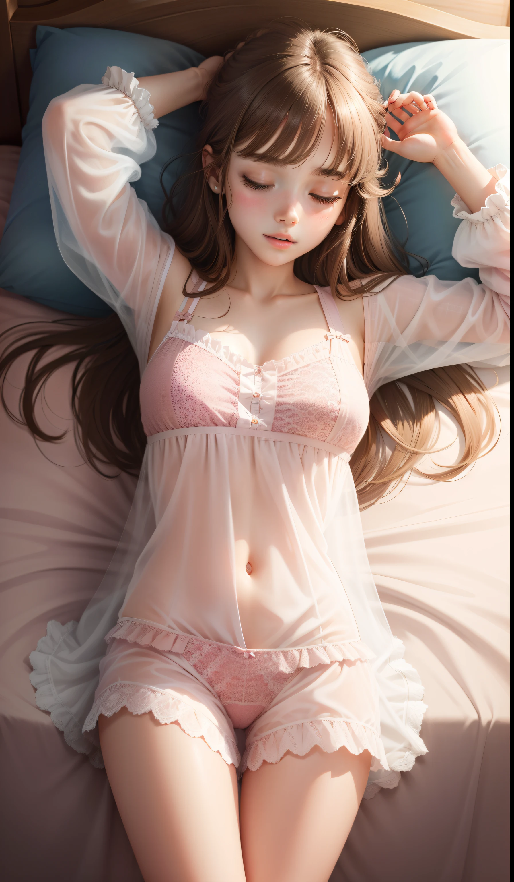 Sleeping Girl, 18 years old, Realistic, Wearing beige panties and a transparent nightgown, Open legs, Expressions of satisfaction and relief, Brown hair. Pink bed theme and some cute stuffed animals on the bed,An ultra-high picture quality,high-detail,Happened