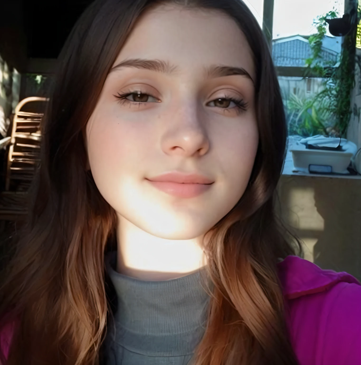mulher argada com cabelo comprido e uma jaqueta rosa posando para uma foto, 19-year-old girl, ela tem cerca de 1 6 anos de idade, uma bela adolescente, her face looks like an orchid, 1 6 anos, 18 anos, ela tem um rosto bonito, rosto perfeitamente iluminado, foto de perfil, she's facing the camera