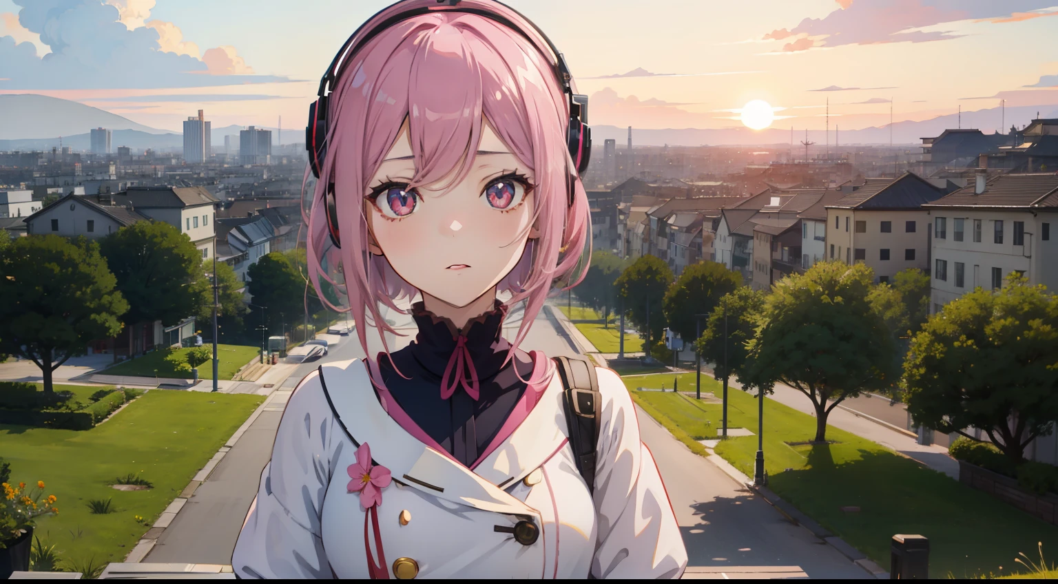 ​masterpiece、top-quality、Movie stills、1girl in、gotou hitori， gotou1，animesque、Pink shorthair、Pink hair、eyes large、Big eyes with sparkly、singers、illustratio、summer clothing、microphone、headphones、kawaii、Large grasslands、Sunset in the city（Spark：0.7）、Background like Makoto Shinkai