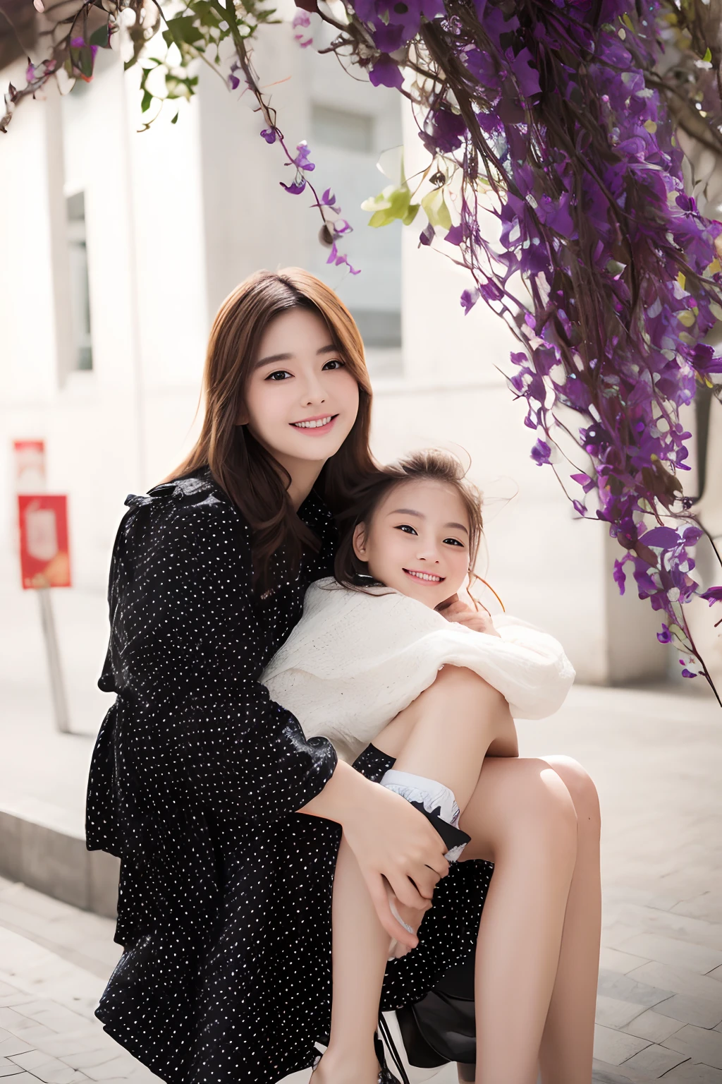 ((Best quality, 8k, Masterpiece :1.3)), 1girl, smiling, full body, slim face, Pretty woman, (Dark brown hair), full length dress :1.1, Ultra-detailed face, Detailed eyes, Double eyelid, blur background, slim face, city, outside, street,