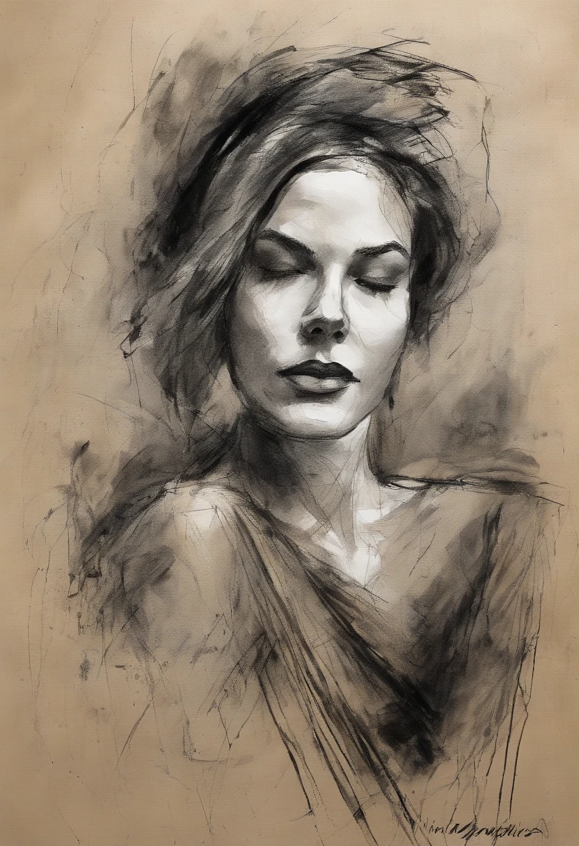 um desenho de uma mulher, artistic , , a charcoal drawing by William Twigg-Smith, CGSetnação, arte figurativa, Aquarela, desenho colorido, dynamic pose, corpo inteiro, Aquarel e Tinta