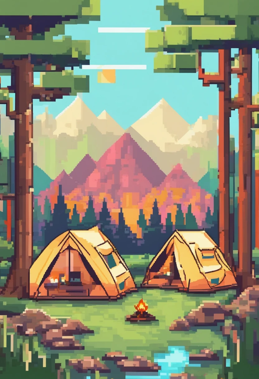 Camping in the wild forest in spring, with tents, lights, sunny, soft colors, high brightness, low saturation, Pixel art