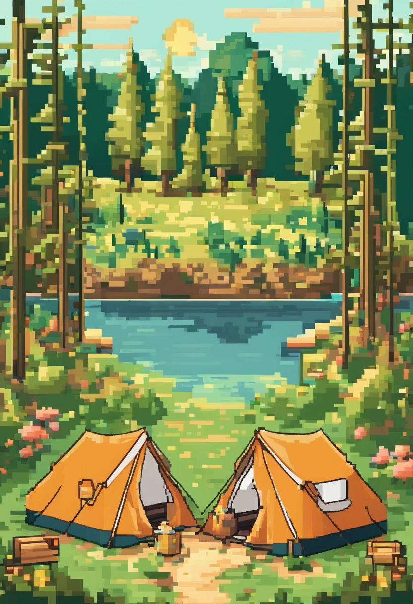 Camping in the wild forest in spring, with tents, lights, sunny, soft colors, high brightness, low saturation, Pixel art