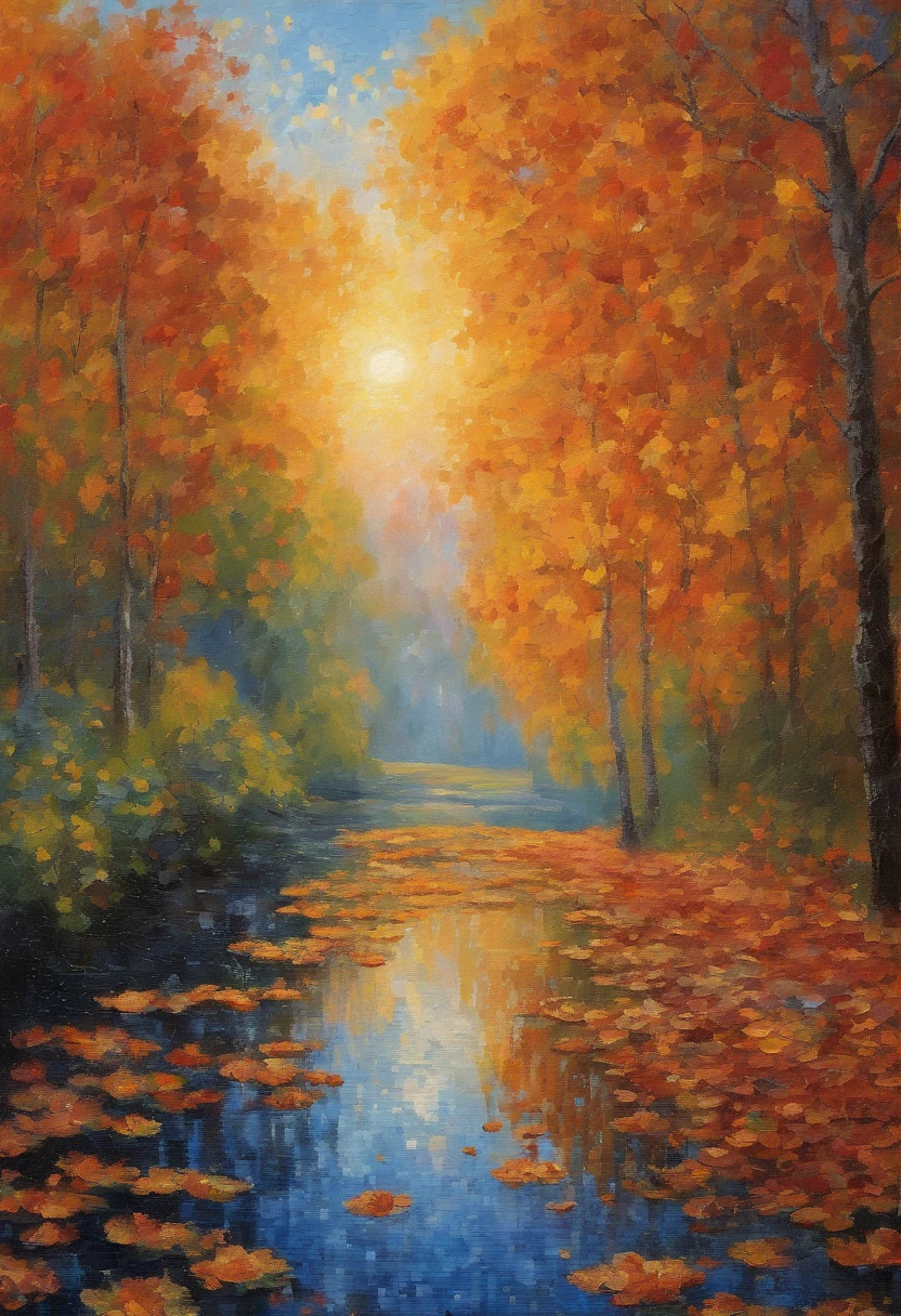 (Workshop seams, Beautiful landscape painting, Unique image, by Claude Monet, sewn trifles, Soft mist, wooded area, brick, Gentle nature, Warm sun, Fallen leaves on the ground, blue skies, Sun light:1.2)