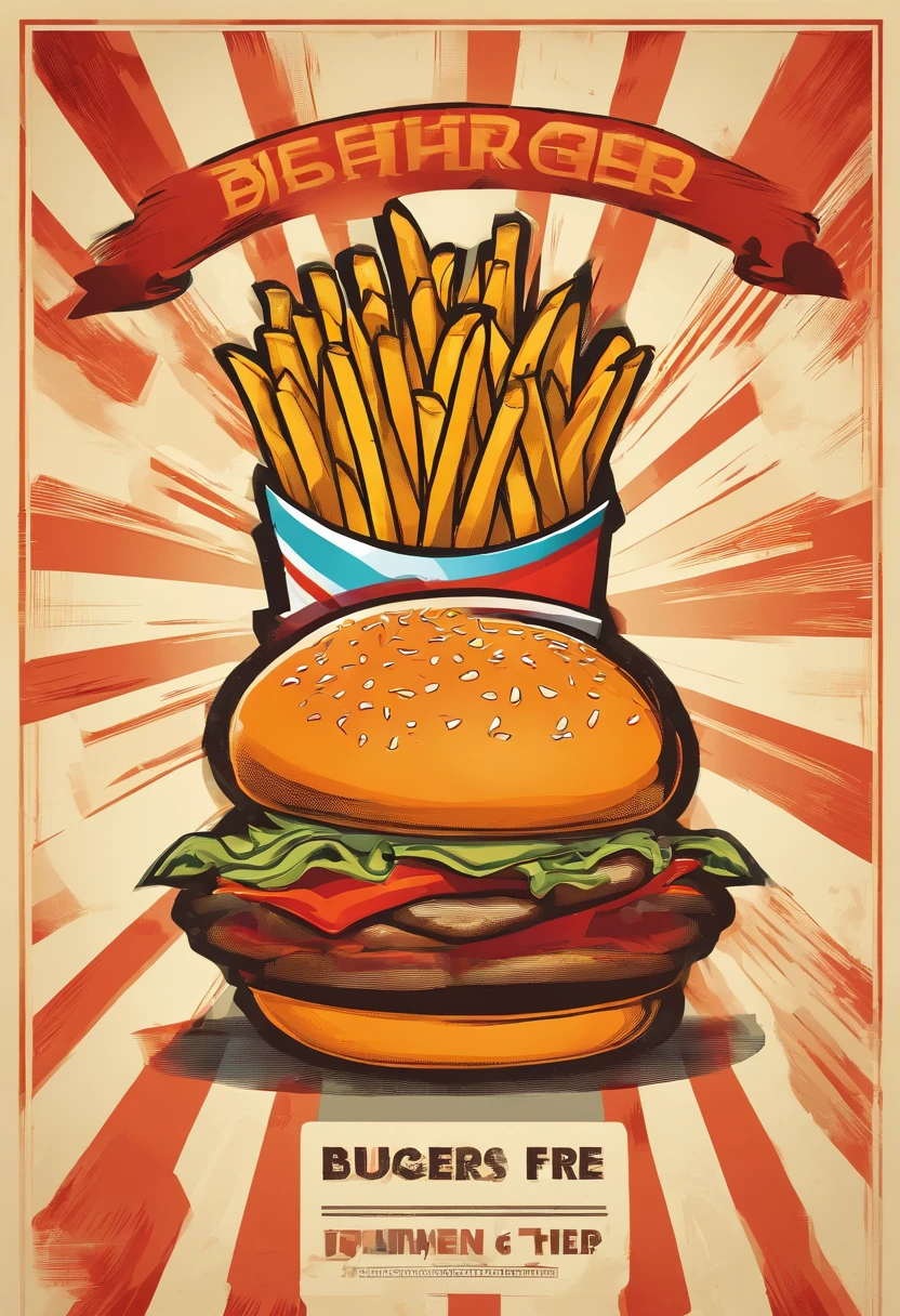 A poster of a burger and fries, with the burger in the middle of the frame taking up a third of the image and the fries on the side. The poster shows retro colours. Flat vector illustration