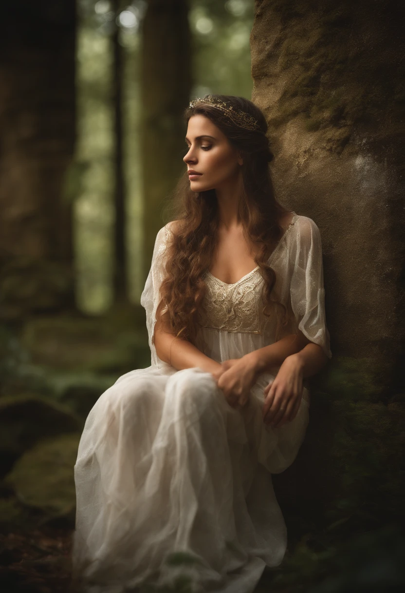 Mulher guerreira celta, Stone ruins, alto e esguio, Vestido Fluindo com Joias Celtic Knot, procriar, watercolor technique, Poster design, 300 dpi, soft lighting, ethereal art, Misterioso, serene expression, Atmosfera encantadora, Bokeh, fotografia, 8k, Escuro, dynamic action, pale faded style, nostalgic dreamer, Foco suave, vinhetas escuras, Vazamentos de luz, medium shot photograph, Ethereal dark artistic painting, caprichoso, Photo of Grão, Grosso