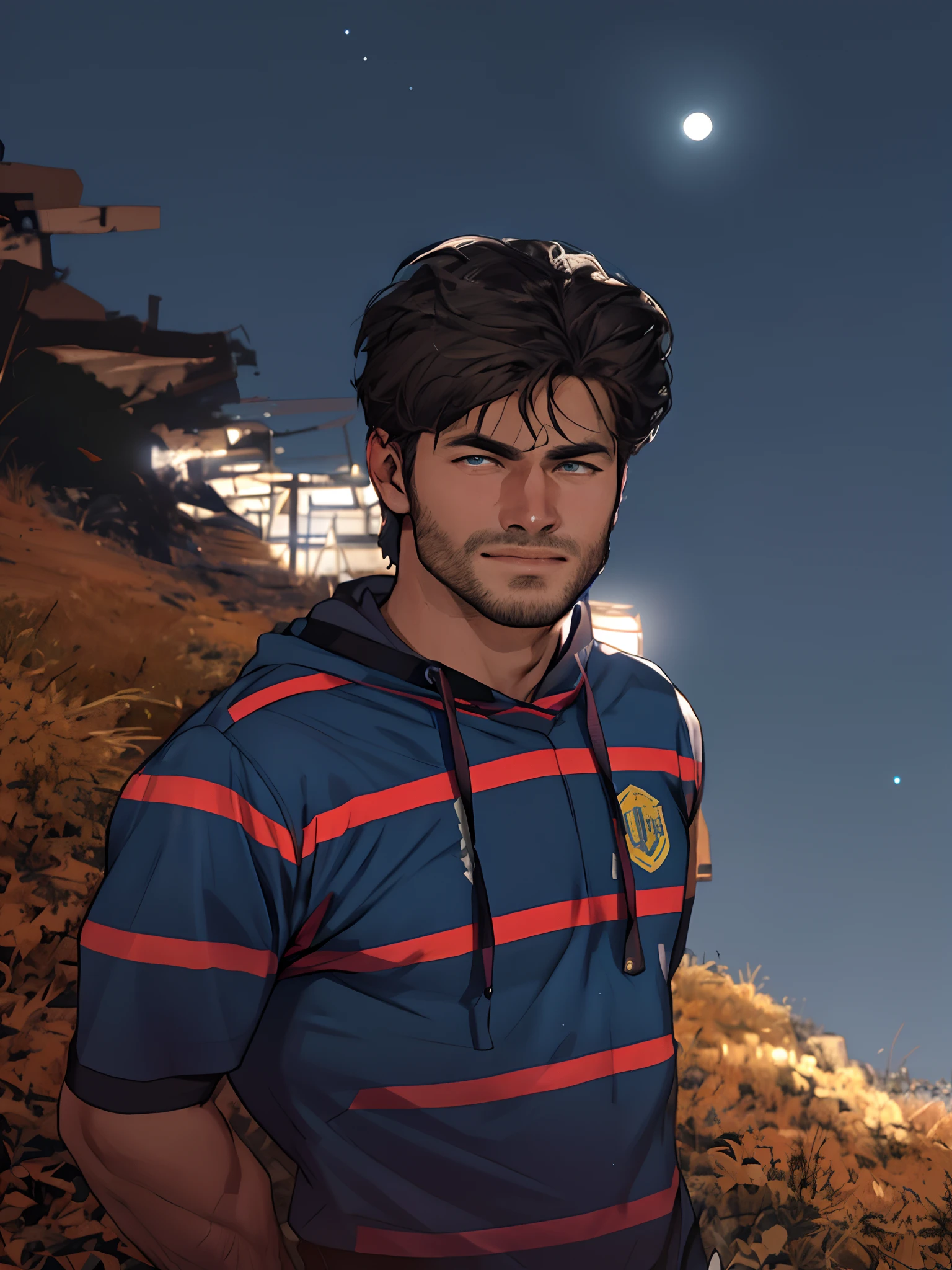 Draw a full-fledged footballer，Standing on the steppe at night，Quiet and comfortable background，He wears the same suit as the country's president，The suit fits perfectly，Handsome face，eyes with brightness，The man looks confident and determined，looking-down，Crew cut，full bodyesbian，Stars dot the sky，shooting from below，Big moon highlights background