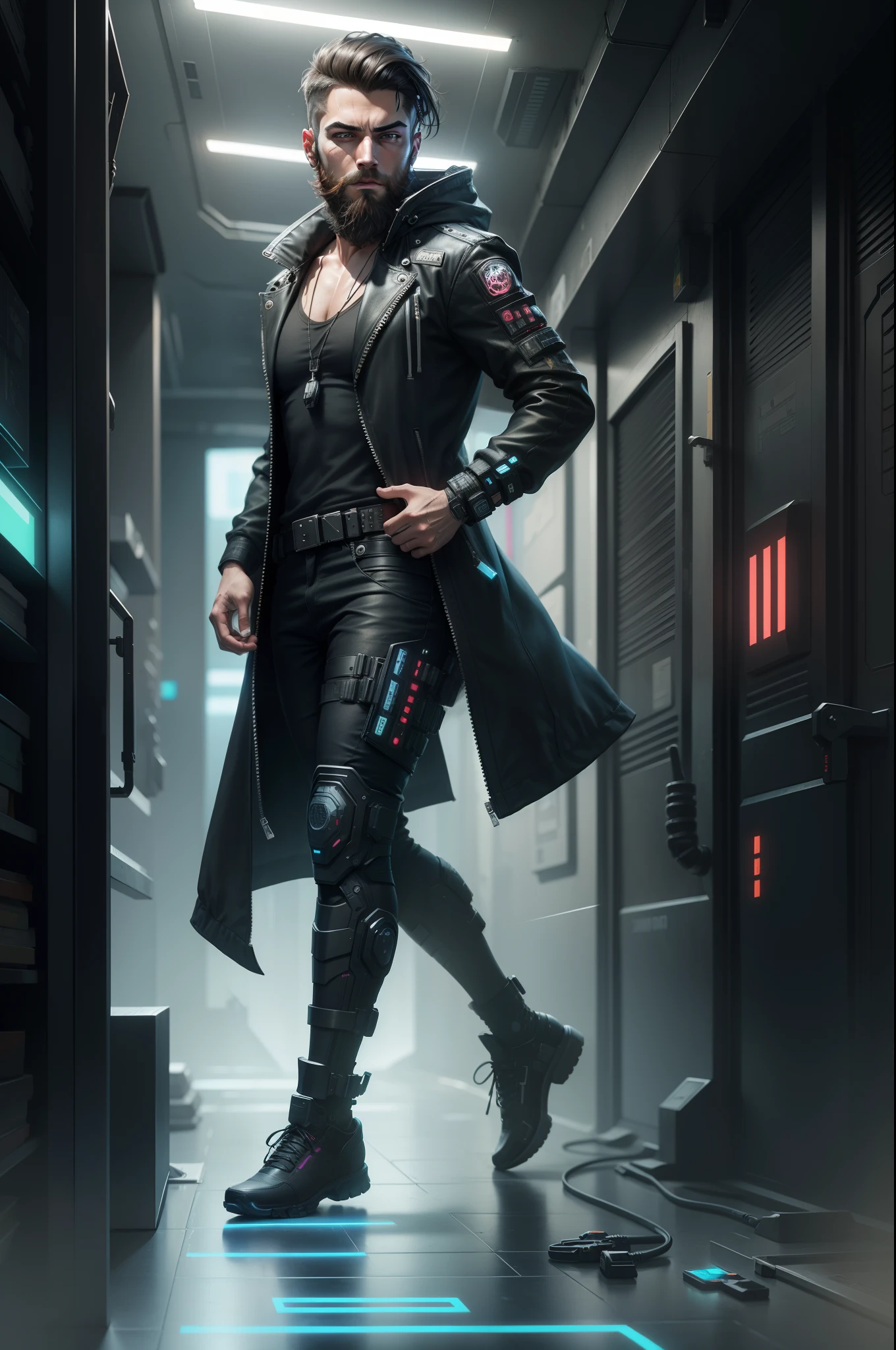 Change background , cyberpunk, handsome, realistic face, 8k, ultra realistic boy with trimmed beard