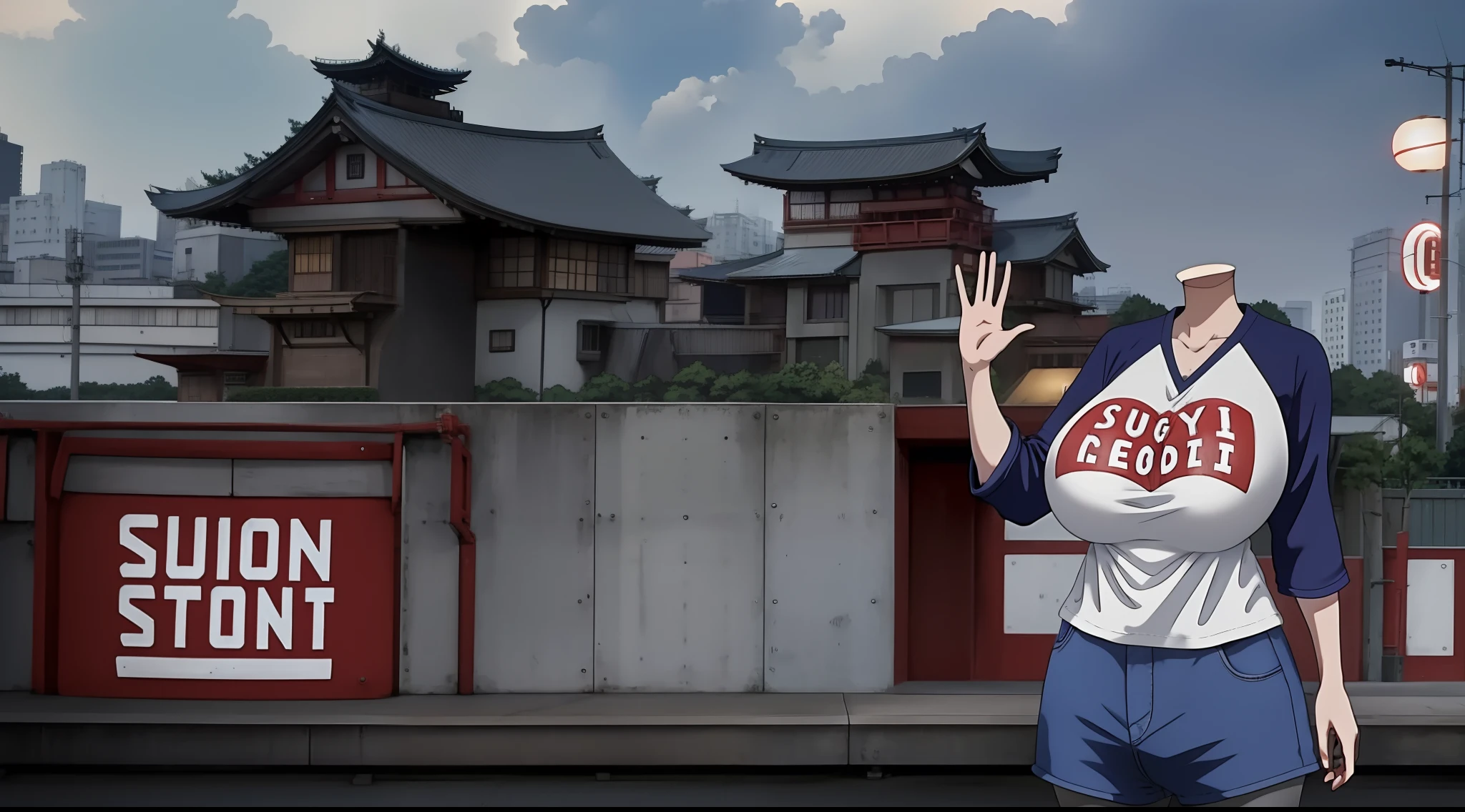 headless, anime style, best quality, uh1,solo, 1girl, shirt, raglan sleeves, romaji text, clothes writing, long sleeves, (denim short pants), (grey pantyhose), japan city background, shopping, big boobs, waving, upper body