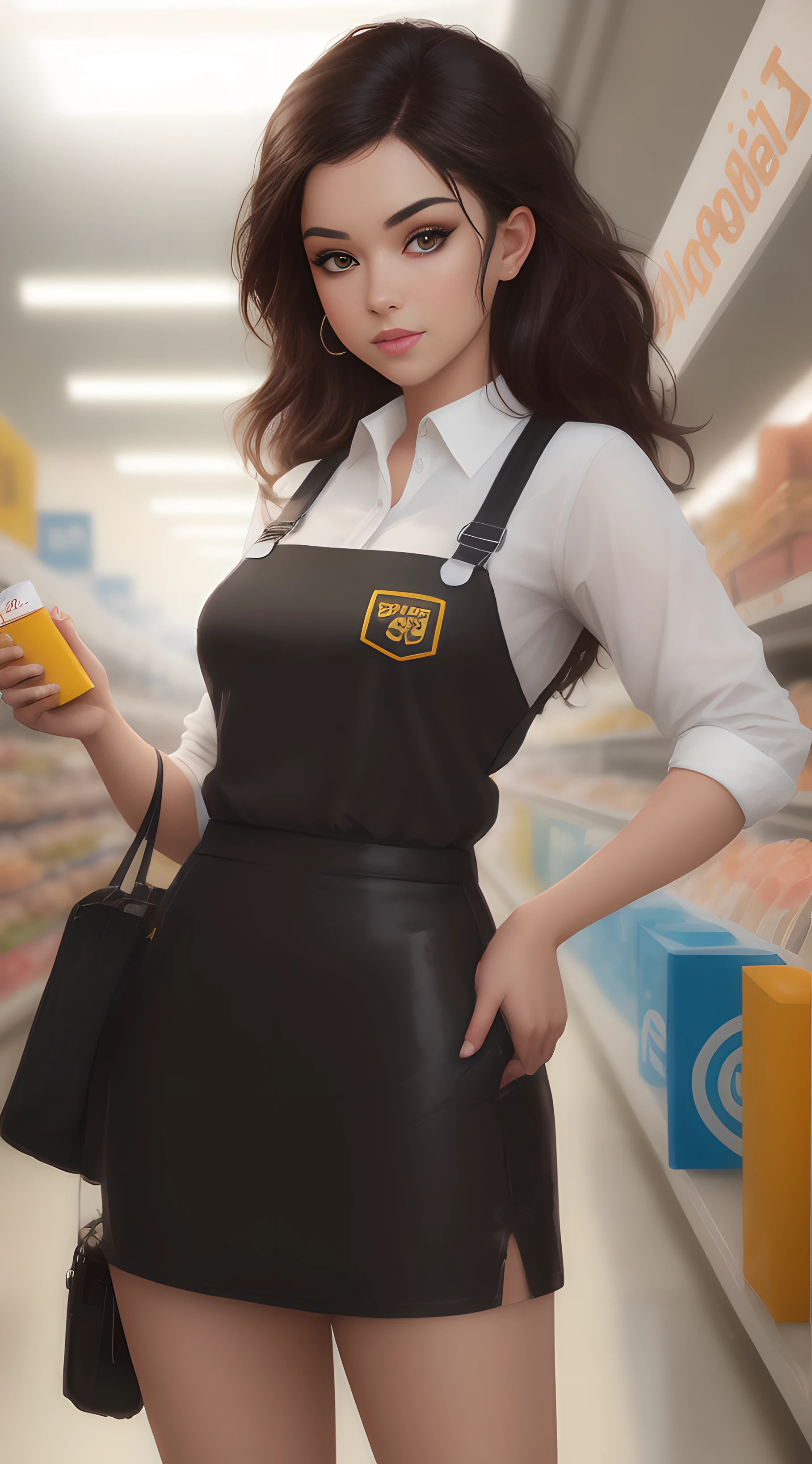 Arafed mujer con camisa blanca y falda negra posando del lado izquierdo para una foto en medium shot, Modelo IG | Artgerm, Ross Tran 8 K, Wojtek FUS, Render fotorrealista de Anime Girl, Alena Aenami y Artgerm, Ilya Kuvshinov y Artgerm, WLOP y ROSS Tran, Hermosa obra de arte digital Mercadotyecnia, marketing digital, modelo Mujer, es la experta en marketing digita, toma full long shot, de izquierda a derecha, modelo a la izquierda, vestida como la imagen, sonriendo presentando el interior del pasillo de un super mercado moderno, lleno de expectaculares y atractivas ofertas, ofertas de marketing, (((horizontal))), (((apaisada))), (((Horizontal illustration)))