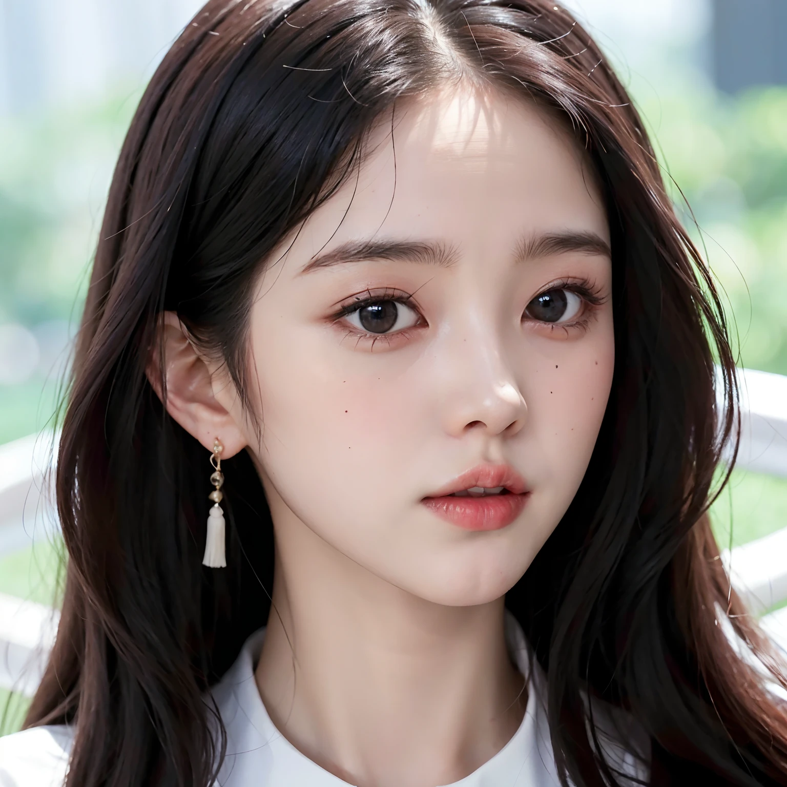 a close up of a woman with long hair and a white shirt, young adorable korean face, wan adorable korean face, korean face features, beautiful aesthetic face, Popular Korean makeup, popular south Korean makeup, korean symmetrical face, Korean Girl, Pale round face, Beautiful round face, jaeyeon nam, beautiful south korean woman, cute natural anime face, beautiful delicate face