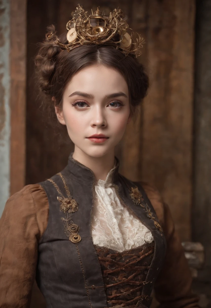 steampunc、Steampunk body、Full body posture、skeleton、Machine body、Gear device、Karakuri doll、Industrial Revolution、Russian woman、drooing eyes、Short hairstyle、 fat girl、sulky face