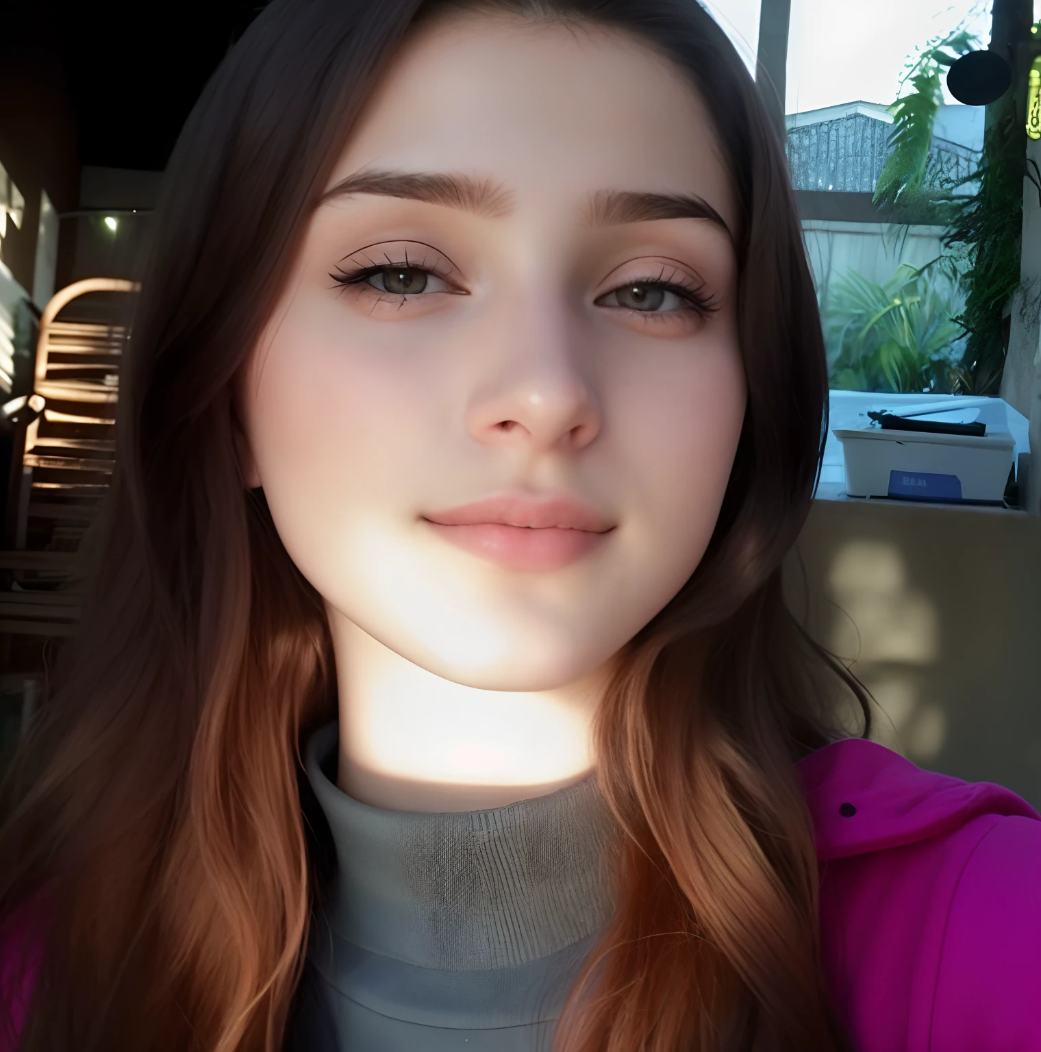 mulher argada com cabelo comprido e uma jaqueta rosa posando para uma foto, 19-year-old girl, ela tem cerca de 1 6 anos de idade, uma bela adolescente, her face looks like an orchid, 1 6 anos, 18 anos, ela tem um rosto bonito, rosto perfeitamente iluminado, foto de perfil, she's facing the camera
