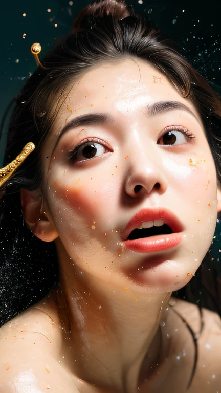 （（top Quority，8k，tmasterpiece：1.3）），woman（Lean  hot spring），perspired，Water droplets on the forehead of the face，exteriors，background urban cityscape，Overhead，Sharp focus：1.2，cute women：1.4，（（Layered Hair Style）），（white  shirt），Very detailed face and skin and hair texture，Knotted brunette hair，Wet textured hair，Moist body，Detailed eyes， Gold wire sunglasses，White skin of the，Beautiful legs， beautiful delicate nose，Cute young Japanese woman，28 year old，dynamic angle，Deleite para la vista，Compositional suggestiveness，while emphasizing the subject's hair，The eye，Mouth and movements，At the same time, it exudes a melancholic mood characterized by calming tones and a mixture of contrasts of light and shadow。