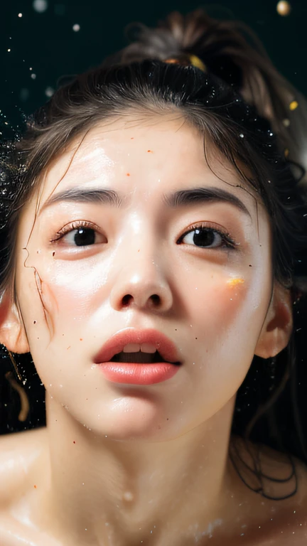 ((top Quority,8k,tmasterpiece:1.3)),woman(Lean hot spring),perspired,Water droplets on the forehead of the face,exteriors,background urban cityscape,Overhead,Sharp focus:1.2,cute women:1.4,((Layered Hair Style)),(white shirt),Very detailed face and skin and hair texture,Knotted brunette hair,Wet textured hair,Moist body,Detailed eyes, Gold wire sunglasses,White skin of the,Beautiful legs, beautiful delicate nose,Cute young Japanese woman,28 year old,dynamic angle,Deleite para la vista,Compositional suggestiveness,while emphasizing the subject's hair,The eye,Mouth and movements,At the same time, it exudes a melancholic mood characterized by calming tones and a mixture of contrasts of light and shadow。