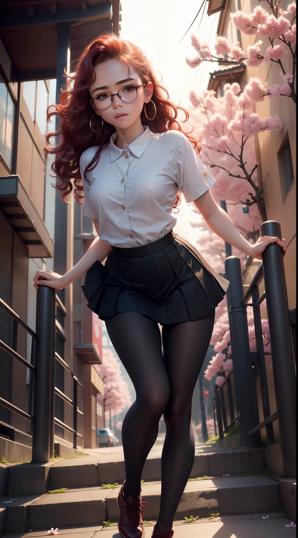 beautiful young Kiernan Shipka, very realistic detailed face, 14 years old, very light skin tone, glasses, big earrings, bare breasts, pleated skirt, dark leggings, morning sun, hyperrealistic, model body, small breasts, hair long, wavy hair, red hair ends, long legs, 8k, 超High resolution, best quality, city in Japan, Tokyo, RAW portrait, photorealistic, cherry blossom, ambient lighting, detailed shadows, camera focus on genitalia, leaning forward, man grabbing girl, strong wind, mist, on stairs, low camera facing up, (pixelart: 1.2)