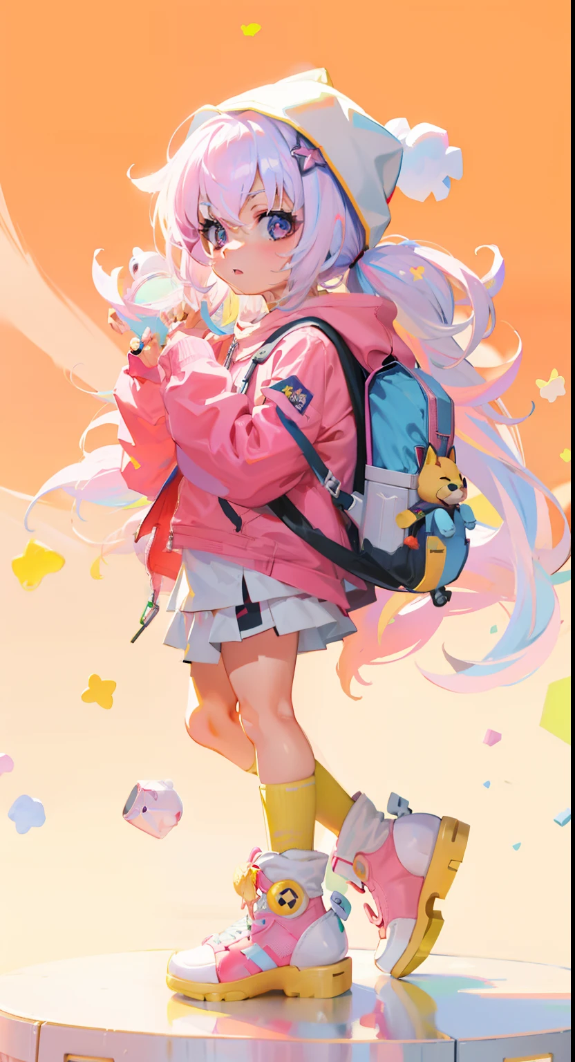 Anime girl walking on sunny day with backpack and toys, Guviz-style artwork, lovely art style, anime styled 3d, Cute detailed digital art, Soft anime illustration, render of a cute 3d anime girl, by Russell Dongjun Lu, adorable digital art, Colorful! Character design, low details. Digital painting, lovely digital painting，The girl's outfit is tied in purple