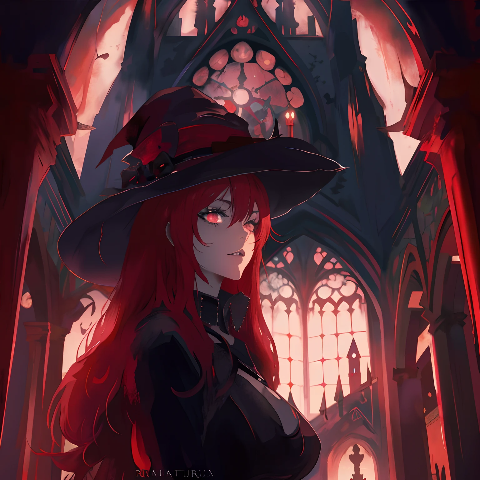 Anime girl with red hair wearing a black witch hat and black dress, bruxa castlevania, classical witch, menina bruxa, gothic maiden anime girl, Retrato de uma jovem bruxa, Retrato de uma bruxa, academia bruxa, Retrato de uma jovem bruxa, retrato lateral bruxa escura, Bruxa das Trevas, bruxa, Retrato de uma bruxa escura, Guweiz em Pixiv ArtStation, cathedral vermelha ao por do sol, 4k