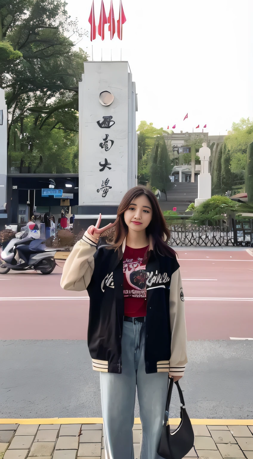 The woman standing on the sidewalk held a sign that read Chinese, xintong chen, Cai Xukun, inspired by Ma Yuanyu, standing in a city center, with index finger, inspired by Ye Xin, Li Zixin, Chinese girl, full-body xianxia, zeng fanzh, Inspired by Huang Ji, low quality video, Inspired by Zou Yigui