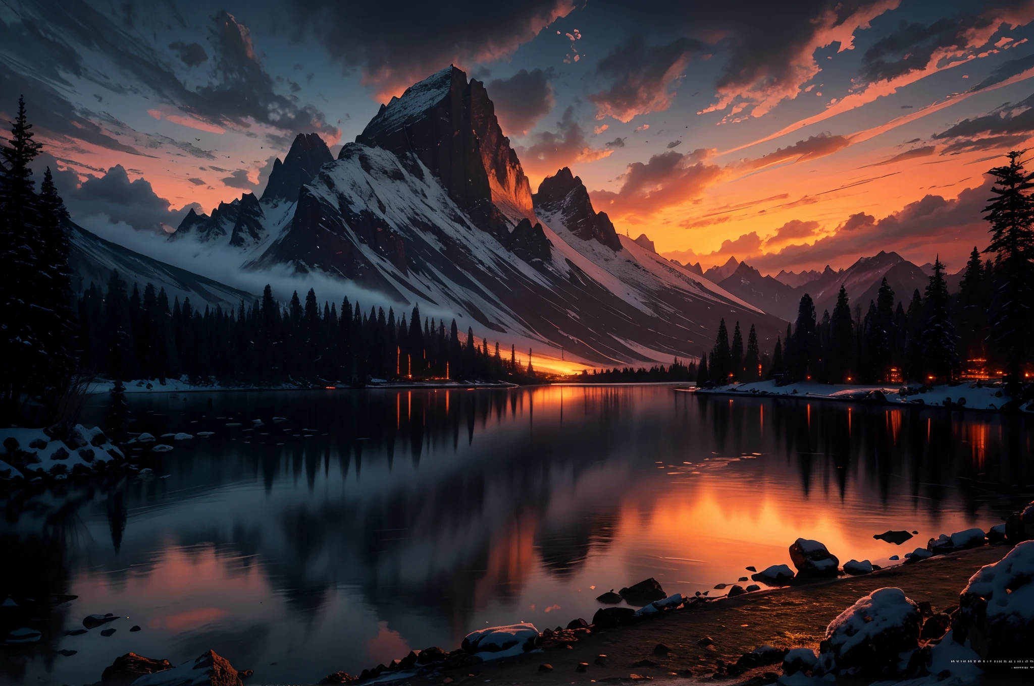 View of a mountain with a lake and a sunset, paisagem lindamente iluminada, an amazing landscape image, Max Rive, epic beautiful landscape, magnificent background, amazing landscape, Nascer do Sol na Montanha, Marcos Adamus, breathtaking mountains, Ryan Dyar, belas montanhas, paisagem deslumbrante, most epic landscape, paper awesome wallpaper, majestosa paisagem natural, cinematic 4k wallpaper, cinematic wallpaper 4k