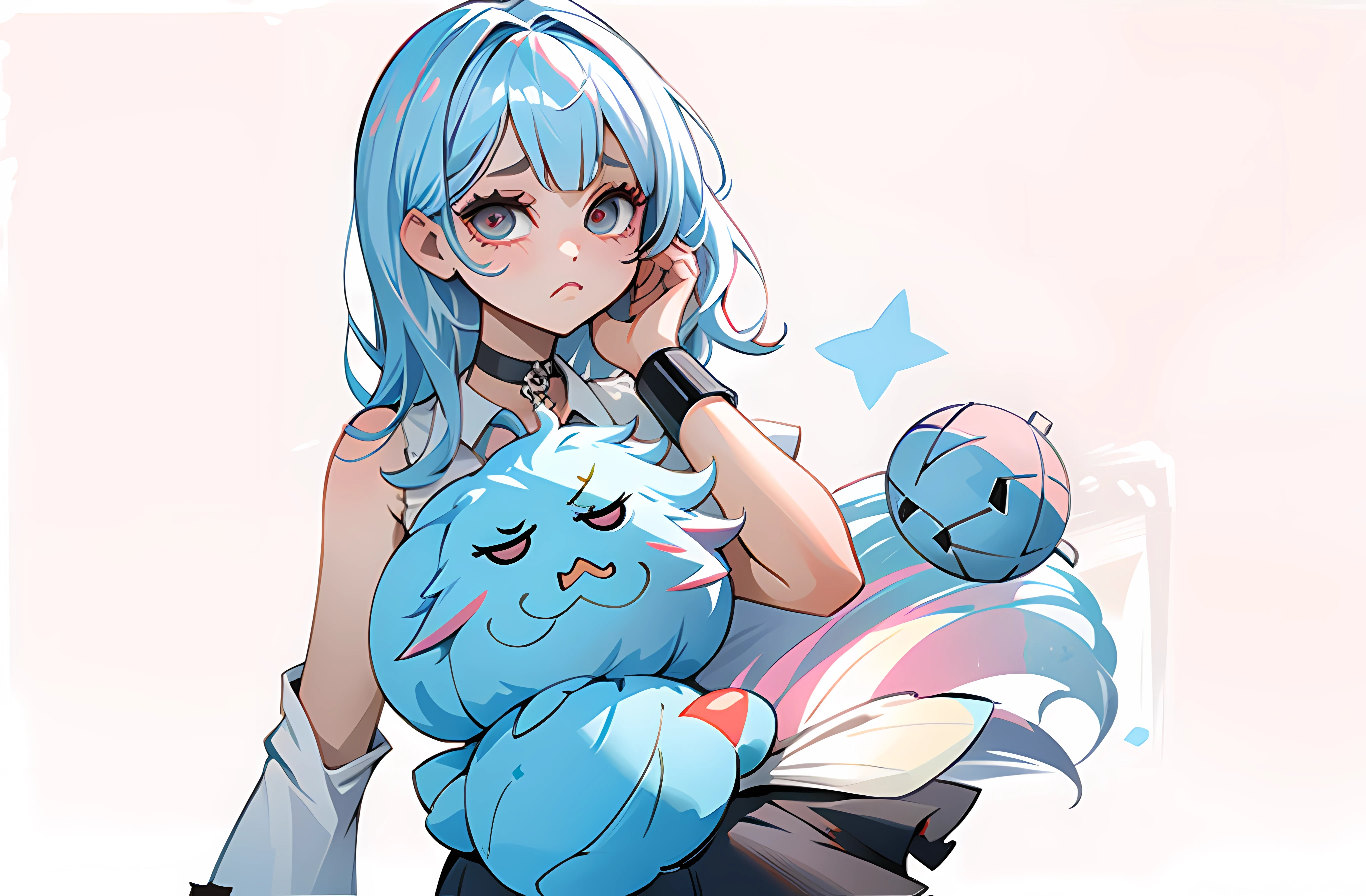 best quality, ultra high res, 1girl, sleeveless white button shirt, black skirt, black choker, cute, (Kpop idol), (aegyo sal:1), (platinum blonde hair:1), ((puffy eyes)), looking at viewer, full body, facing front