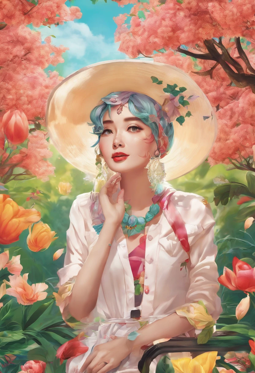 masterpiece, best quality, spring outfit, colorful hair, outdoor, magazine cover ,upper body,