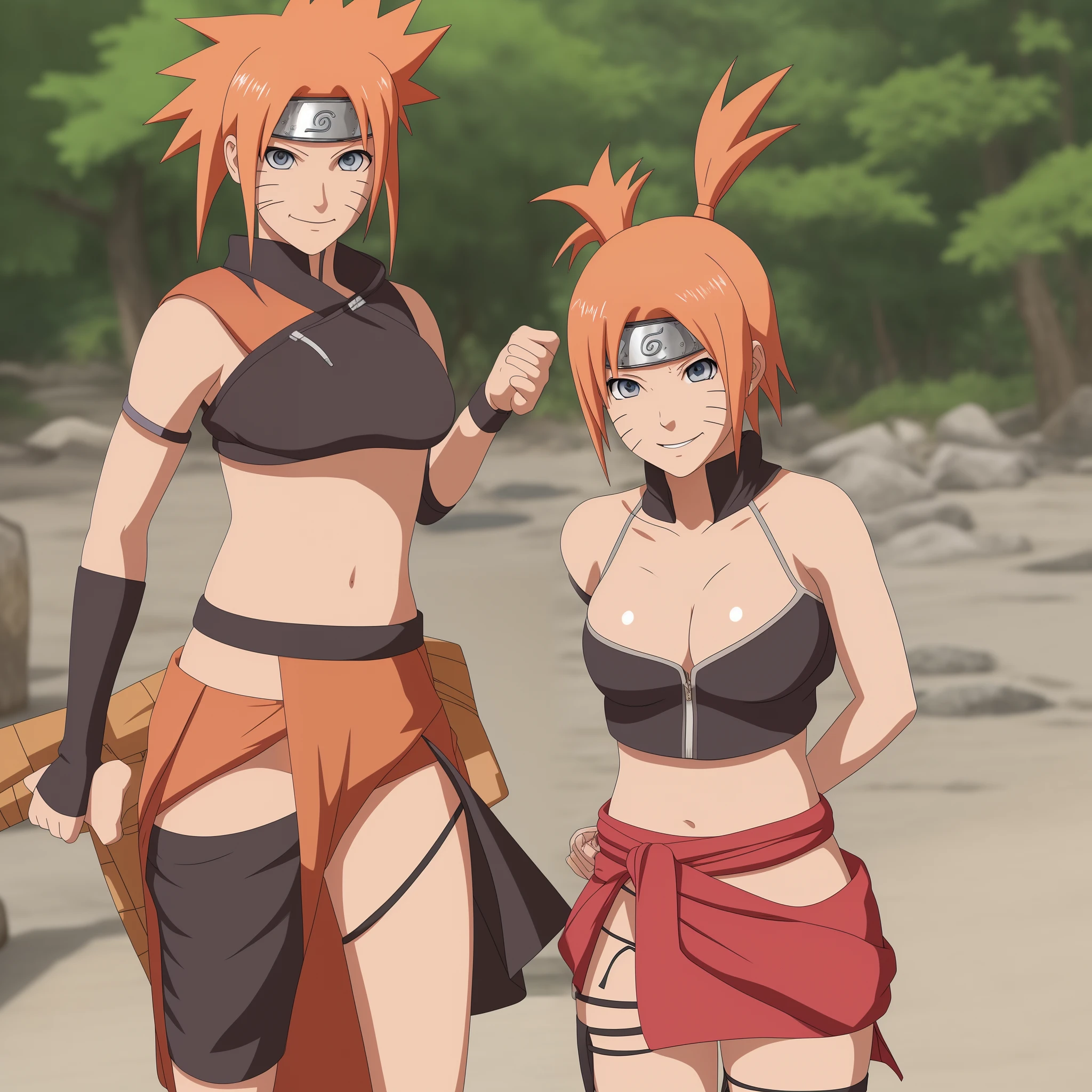 Naruto fusion with sakura, sexy, smiling, looking to you, nice body, summer wear, solo