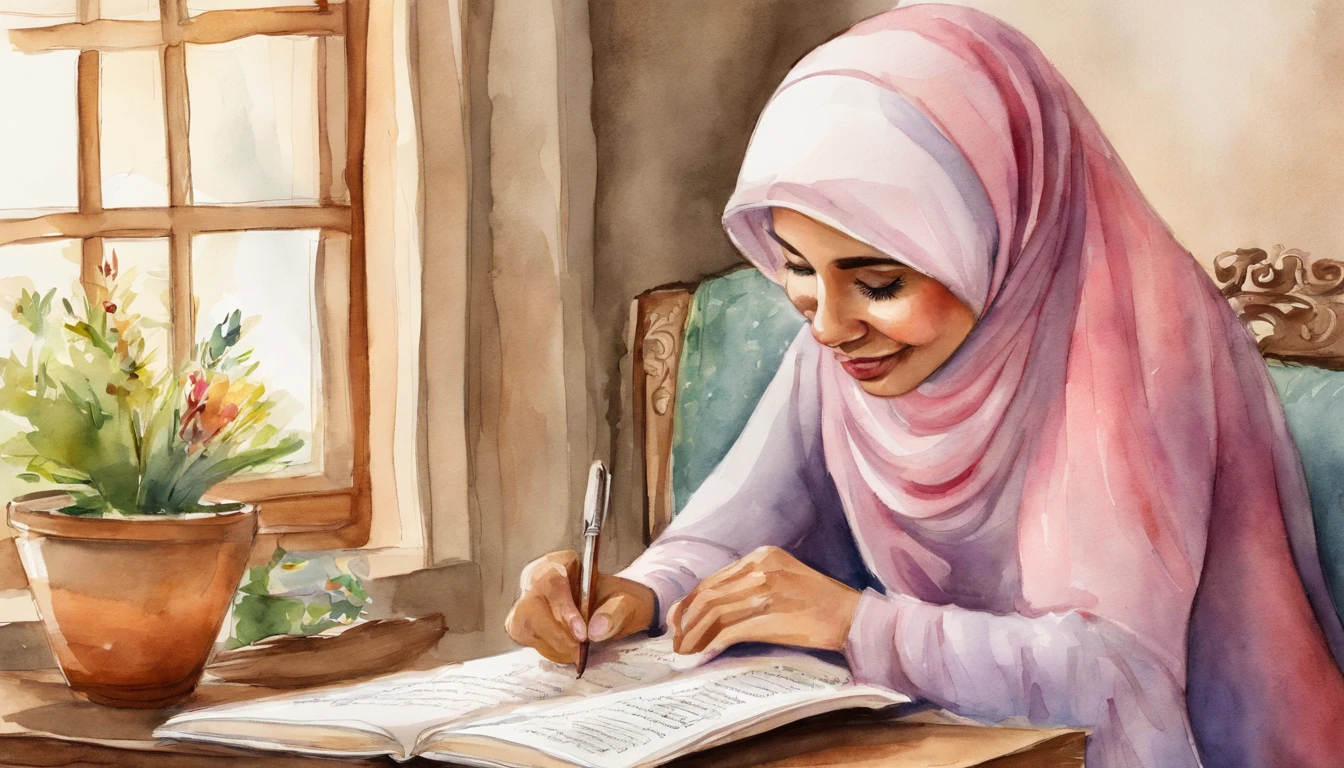 Book cover Artwork, watercolor cartoon, illustration, hijab girl, read a book, sitting, happy, colorful, 16k, detail, white background